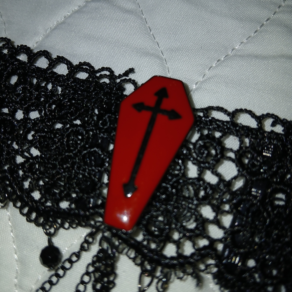 Gothic Black Lace Choker with Red Coffin Pendant - Picture 10 of 11